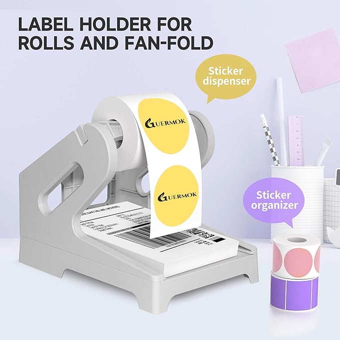 Guermok Thermal Shipping Label Holder for Rolls & Fan-Fold, Fragile Stickers for Shipping, Label Stand Desktop Printer Holder-Home Office Accessory Sticker Dispenser for Holographic (Gray)