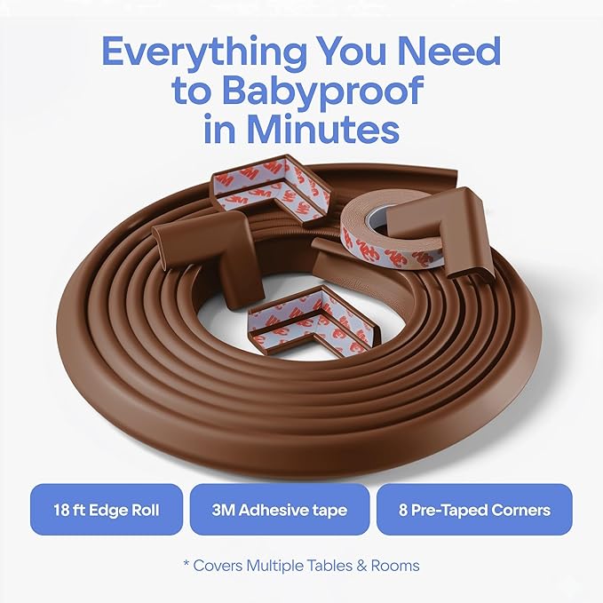 Sharp Edge and Furniture Safety Guards 20.4ft Protective Foam Cushion; 18ft Bumper 8 Adhesive Childsafe Corners Baby Caring Child Proofing Set NonToxic and Safe For Table, Fireplace, Countertop; Brown