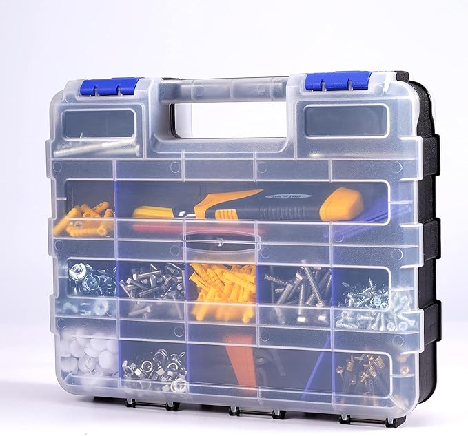 AIDY-PRO Hardware Organizer Box 34 Compartments Small Parts Organizer with Removable Dividers Durable Plastic Double Side Tools Box Screw Organizers For Nuts, Bolts, Screws, Nails 2Pack