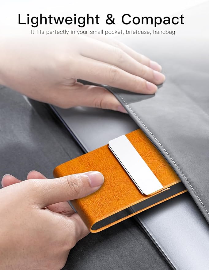 Padike Professional Business Card Holder PU Leather Business Card Case Name Card Holder Slim Metal Pocket Card Holder with Magnetic Shut (Z-Orange)