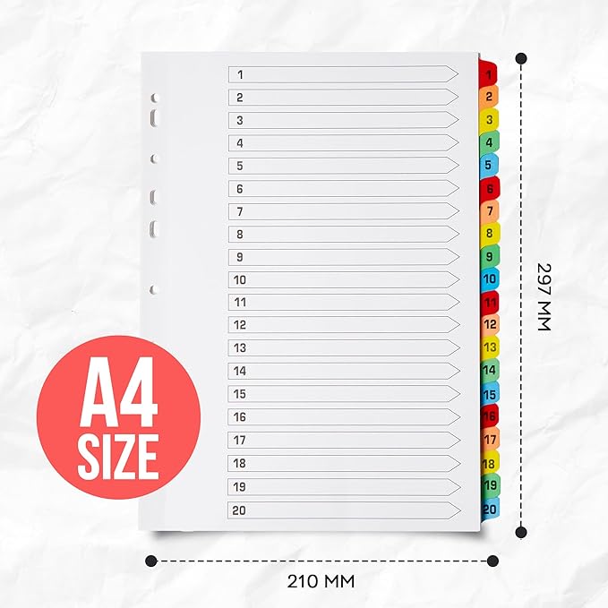 Binder Dividers with Tabs 1-20 Numbered – A4 (5 Pack) | Dividers for 3 Ring Binder | Numbered Tab Dividers for Office, School & Home Organization - The Paper Shop