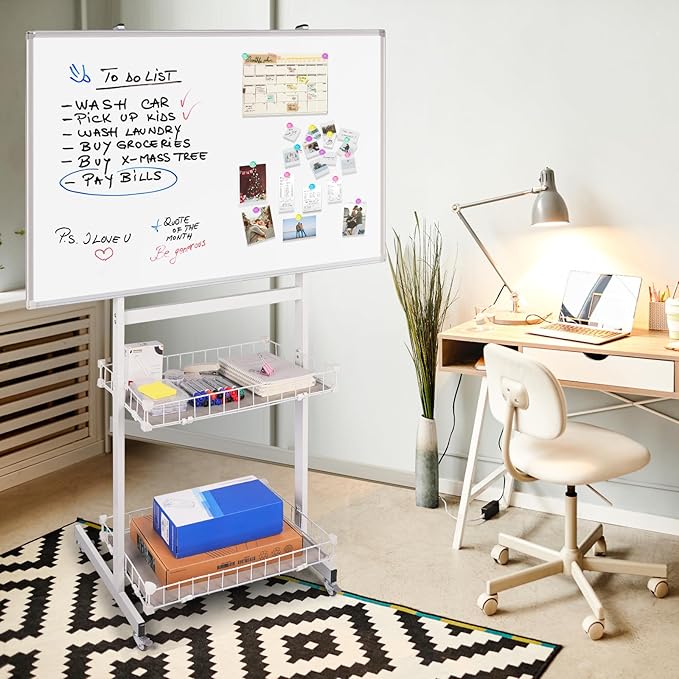 maxtek Rolling Whiteboard, 48x32 Large Magnetic White Board with Stands, Big White Board Dry Erase on Wheels with Baskets for Classroom, Office, Homeschool, Home Office