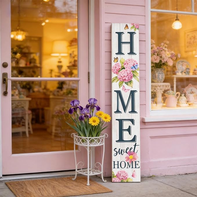 Home Sweet Home Welcome Sign for Front Porch, 47" Wood Framed Porch Sigh Spring Hydrangea Flower Decorations with Hanging Rope, Farmhouse Yard Signs Home Decor for Outdoor Patio Easter Gift