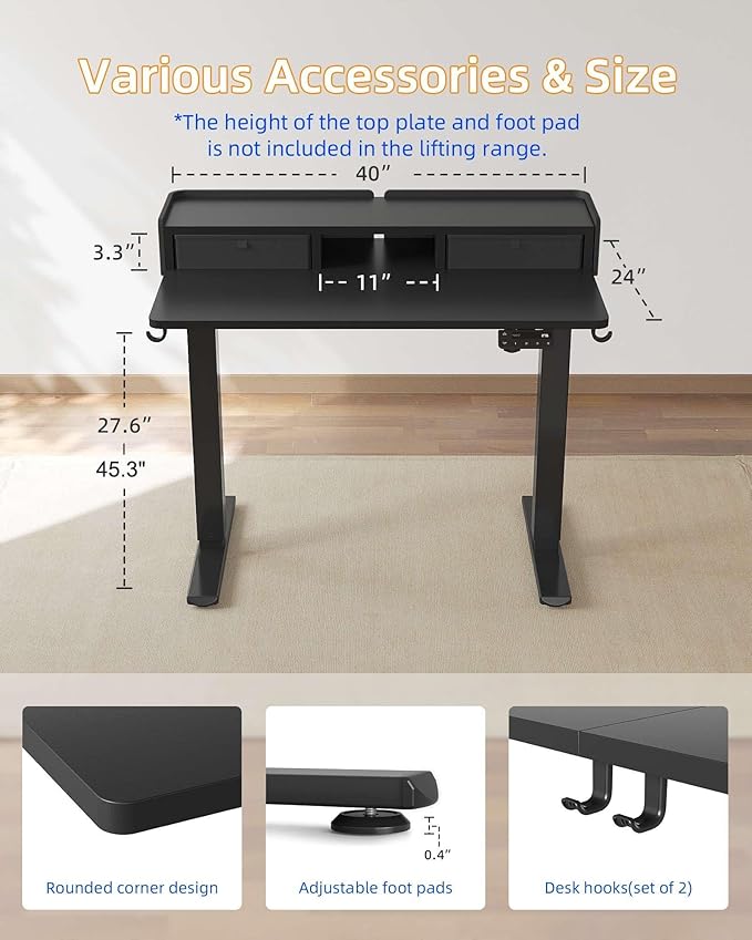 YIHAYO Electric Standing Desk with Drawers, 40 x 24 Inches Adjustable Desk with Storage Shelf, Stand Up Desk with Splice Board, Computer Desk for Home Office, Black Frame/Black Top