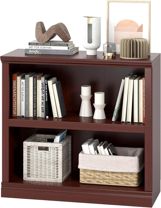 blini 2-Shelf Bookcase Wooden Bookshelves 33in Wide Floor Standing Display Storage Shelves Mahogany Bookcase for Home Office, Living Room, Bed Room