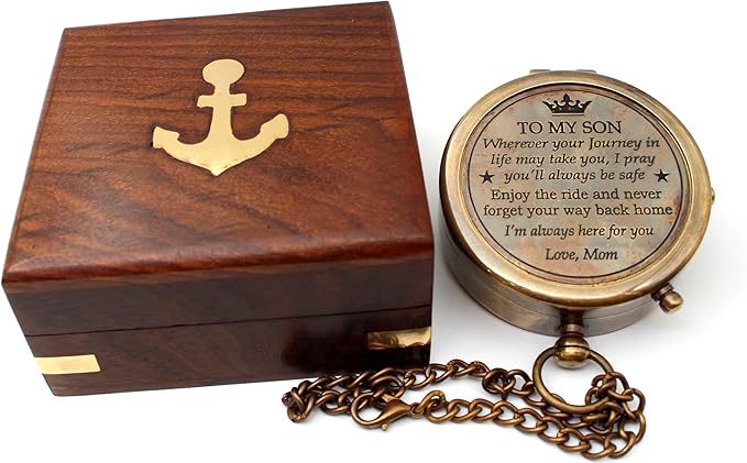 US HANDICRAFTS Brass Compass with Wooden Case | Engraved Compass from Mom to Son | Graduation Gift, Birthday, Inspirational Travel Keepsake