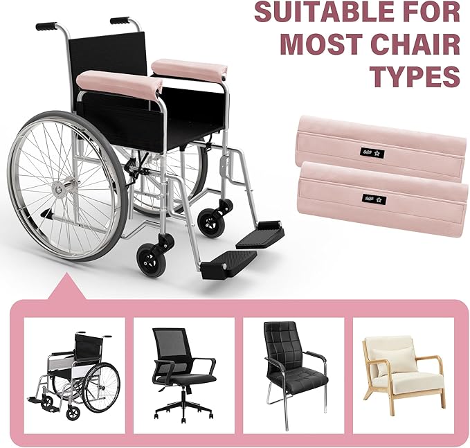 SPRING SEAON Wheelchair Armrest Covers (Pair) - Suede Velvet Memory Foam Accessories Pads for Wheelchair Arm Rest, Office Transport Chairs, Soft Support Cushion for Mobility Aids (Pink)