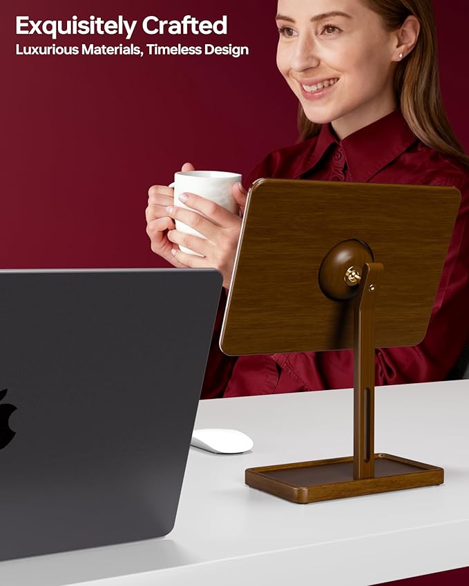 YEOUX Premium Desktop Glass Mirror, Dry Erase Board & Magnetic Phone Stand 3-in-1 | 360° Adjustable | Solid Wood | Compatible with MagSafe, Small Whiteboard for Office Home Desk