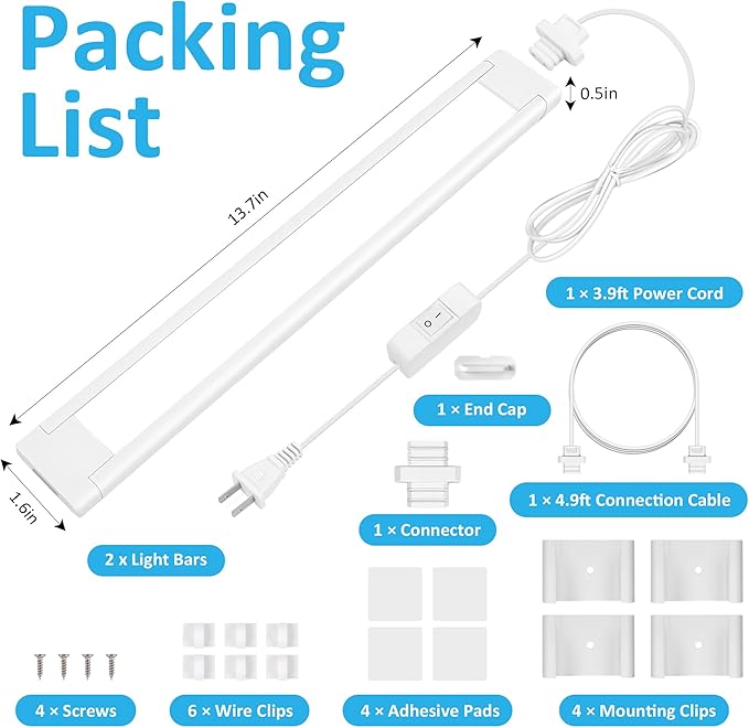 maylit Under Cabinet Lighting Plug in, 2 Pcs 14 Inch Linkable Ultra Bright LED Light Bars, Renter Friendly Lamp, Wired Indoor Lights for Kitchen Cabinet, Counter, Workbench, Desk, Shelf, Cool White