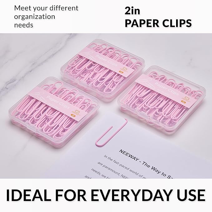 NEEWAY Colorful Large Paper Clips, 2 Inch Jumbo Paper Clips, 150 Count, 3 Pack of 50 (Light Pink)