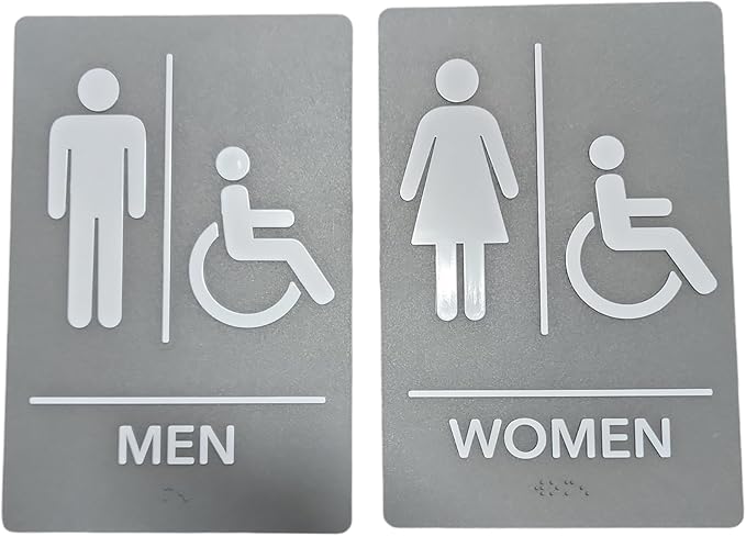 USA Made - Men's and Women's Restroom Signs ADA-Compliant Bathroom Door Signs for Offices, Businesses, and Restaurants, Black, Blue, Grey and Taupe/Tan Colors (Grey Handicap)