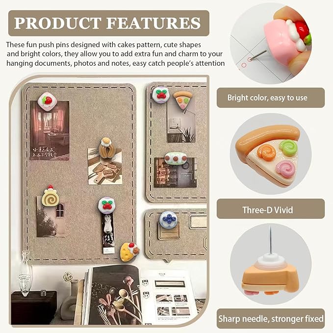 WINFA Push Pins Thumb Tacks for Bulletin Boards Decorative Pushpin for Corkboard Imitation Food Cakes Funny Thumbtacks for Photo Wall Kitchen Bar Cafe Decor (24 Pcs)