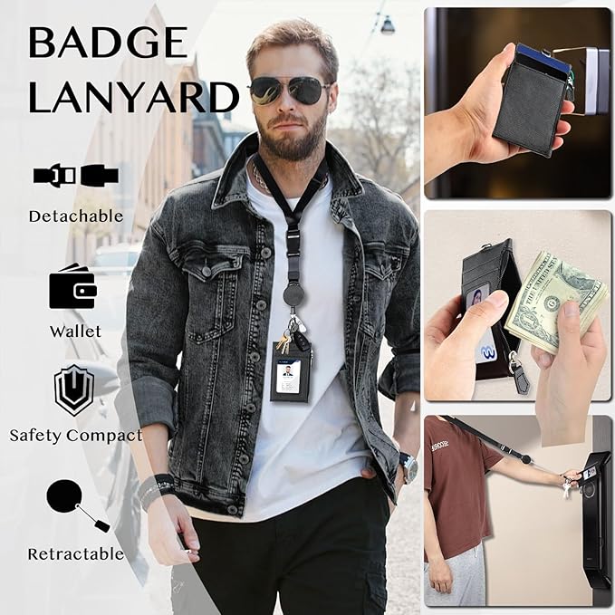 DELSWIN Badge Holder with Retractable Lanyard, PU Leather ID Badge Card Holder with 1 ID Window, 4 Card Slots, 1 Side Zipper Pocket, and Adjustable Neck Strap