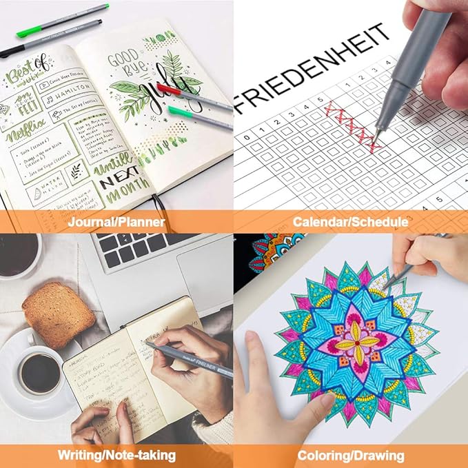 Shuttle Art Fineliner Colored Pens, 100 Colors 0.38mm Fine Point Pens with Stencils & Adult Coloring Books for Coloring, Drawing, Detailing, Writing Note Taking Calendar and Journal Art Projects