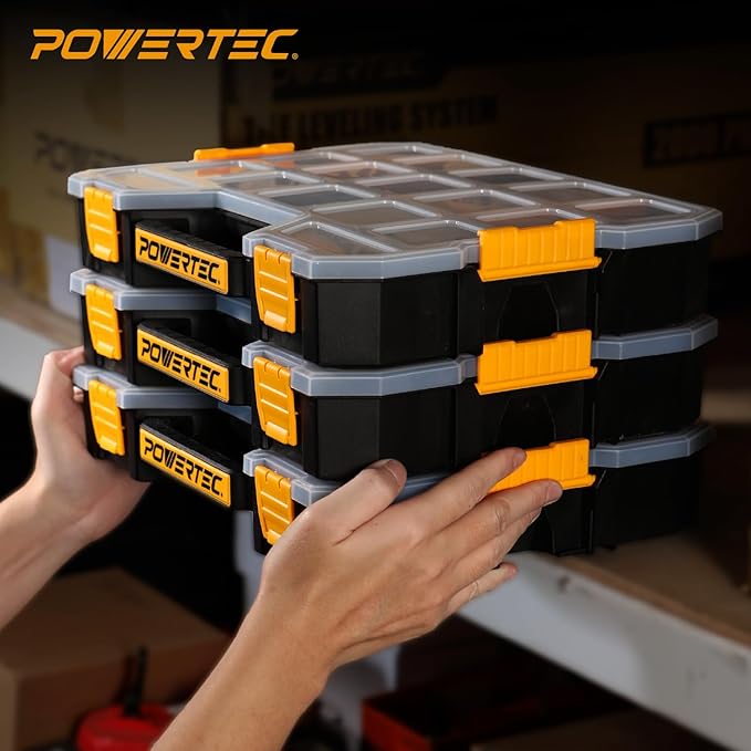 POWERTEC Stackable Tool Box Organizer with Removable Dividers - 17 Compartments, Interlocking, Portable Design (72118)