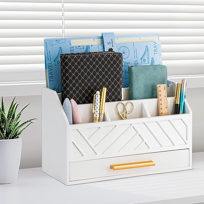 dreampossible white Wood Desk Organizer and Accessories with Drawer, Bill Mail Organizer and File Mail Holder for Office Supplies, Modern Desk Accessories & Workspace Organizers for Desk Organization