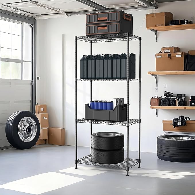 M MZG 1000 lbs 4Tier Shelf Metal Storage Shelves Wire Rack Closet Organizers with Wheel for Garage Kitchen Bathroom Laundry Black 13.7" D x 23.6" W x 53.4" H