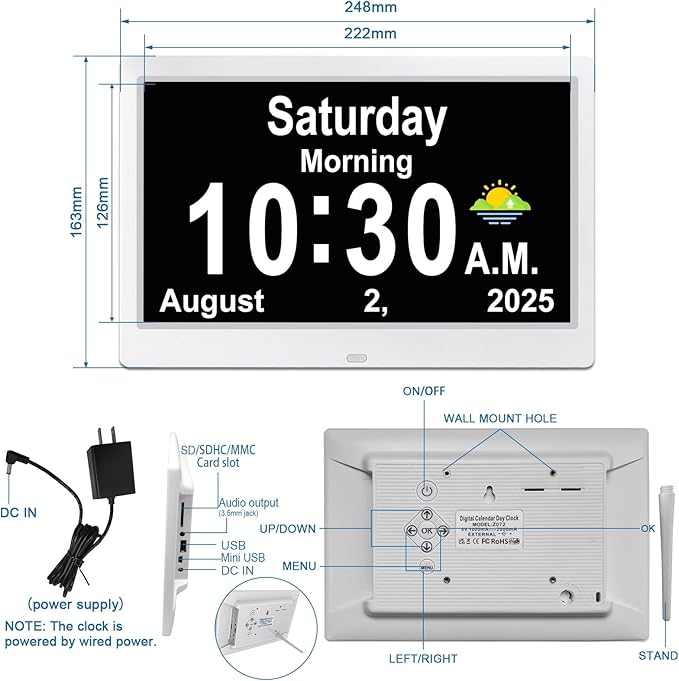 SSYA Dementia Clocks with Day and Date for Seniors,13 Alarms Custom Reminders, Extra Large Digital Calendar Clock for Elderly. (White)