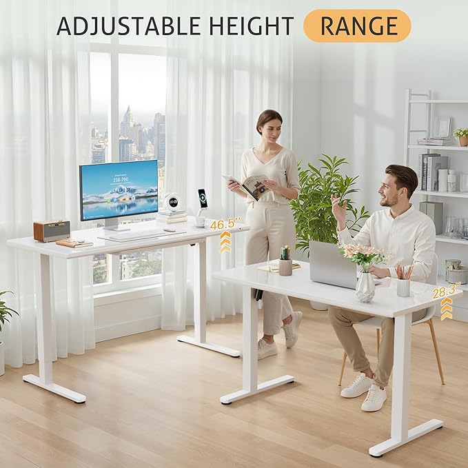 Furmax Glass Standing Desk with Drawers, Electric Adjustable Home Office Sit Stand Desk with One-Piece Desktop & USB Charging Port for Computer Desks