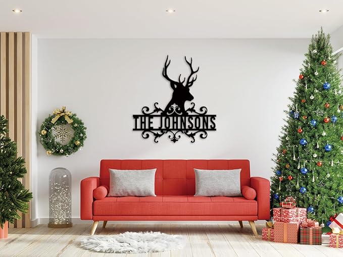 Metal Deer Scene Outdoor Family Wall Sign, Custom Deer Name Sign, Hunter Gifts Cabin Family Name Sign,Christmas Gifts for MenC
