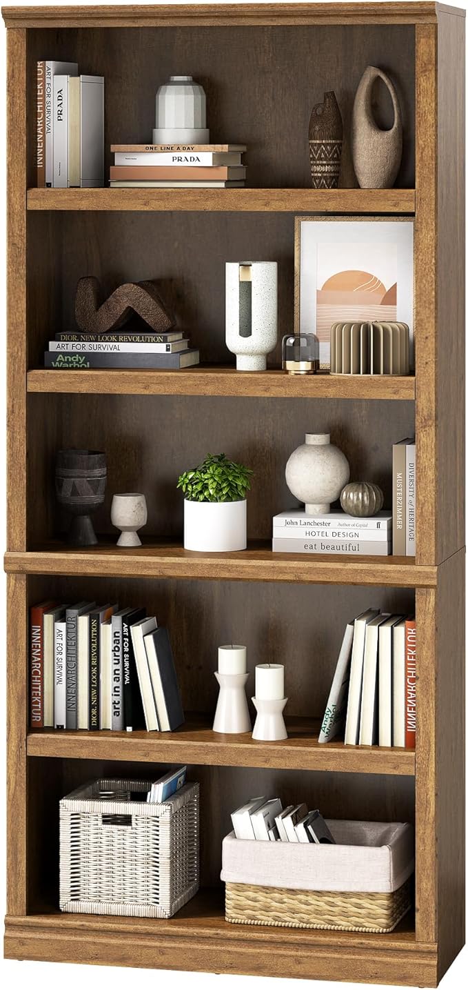 blini 5-Shelf Tall Bookcase Wooden Bookshelves 33in Wide Floor Standing Display Storage Shelves Vintage Oak Bookcase for Home Office, Living Room, Bed Room