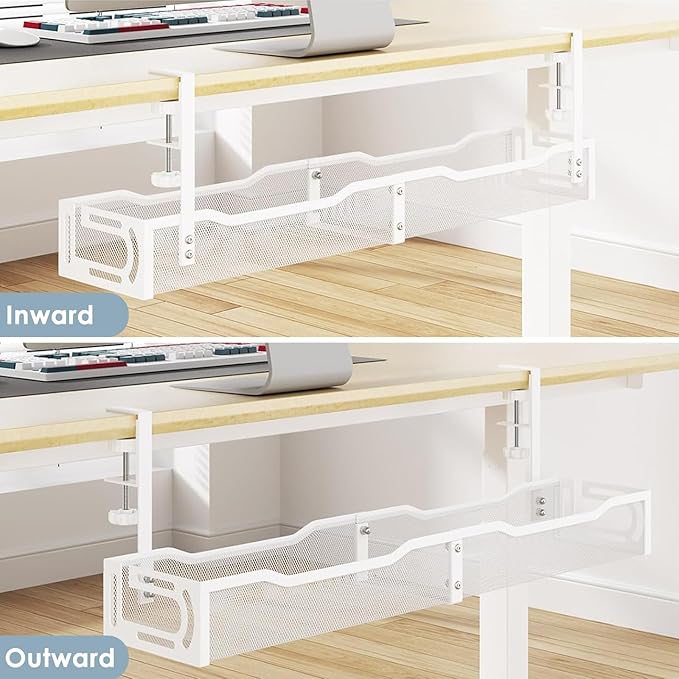 Mzmaxy Cable Management, 25'' Cable Management Under Desk No Drill, Metal Cord Organizer with Clamp for Standing Desk, Cable Organizer for Home Office, White