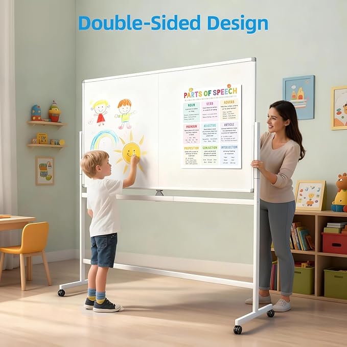 VOWNER Double-Sided Magnetic Whiteboard, 72" x 40" Large Mobile Dry Erase Board, Reversible Rolling White Board with Aluminum Frame & Stand, for Home Office, Classroom, School, White
