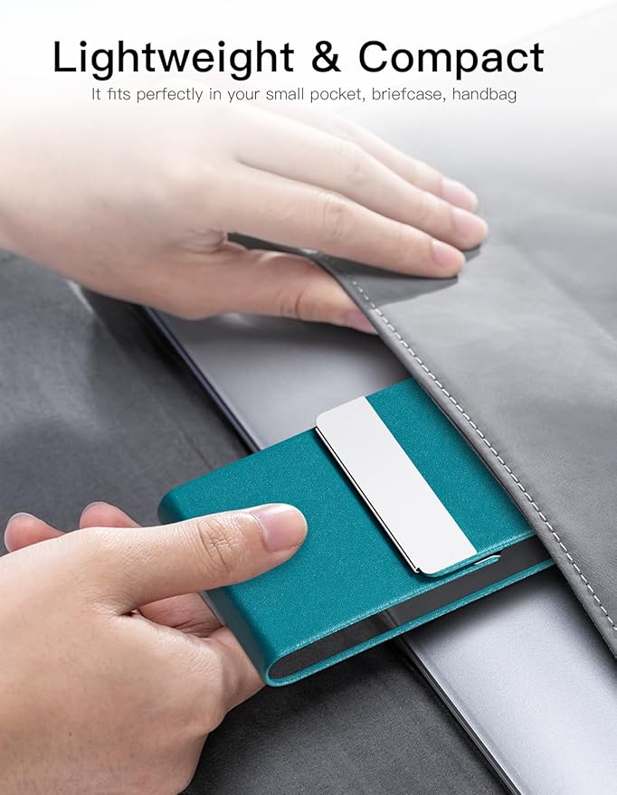 Padike Professional Business Card Holder PU Leather Business Card Case Name Card Holder Slim Metal Pocket Card Holder with Magnetic Shut (Y-Blue green)