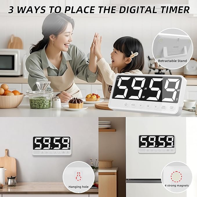 PULIVIA Extra-Large Display Digital Kitchen Timer with 7.4” LED Screen, 6 Alarms & 4 Volume Levels, 3 Memory Presets, Magnetic Stand Rechargeable Count Down/Up Timer for Cooking Home Gym, White