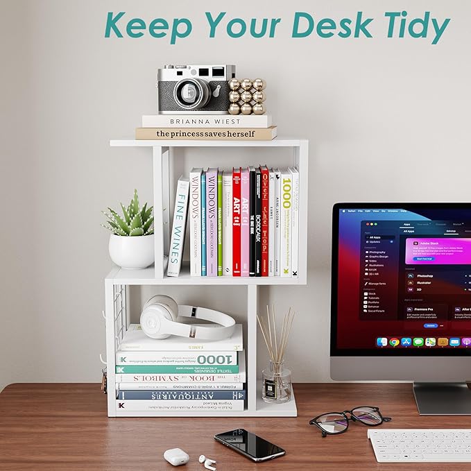 Vfelf Desktop Bookshelf Organizer, White 3-Tier Desk Shelf with Metal Hook Workspace Organizers for Desk Organization and Office Storage Table Bookcase