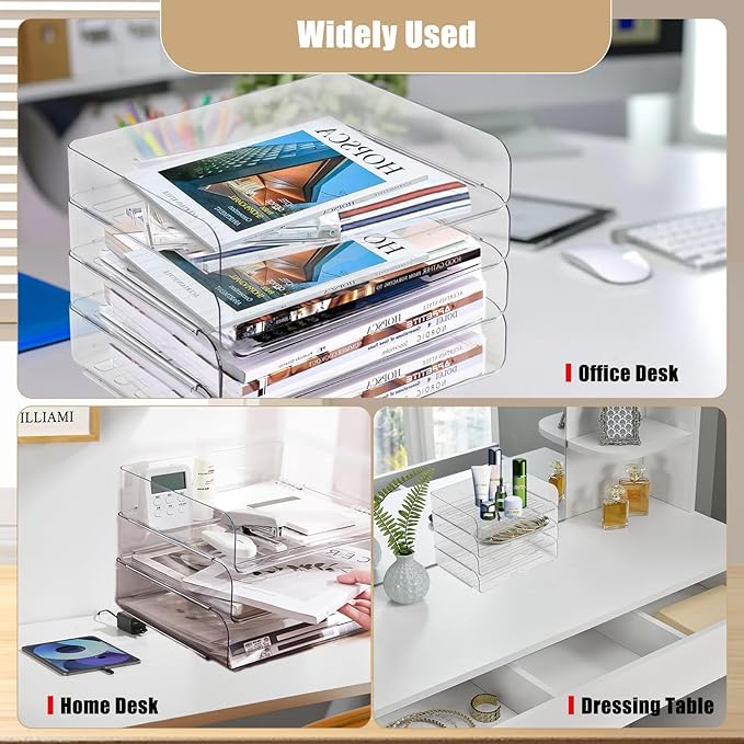 Clear Stackable Paper Trays 4 Pack, PET Letter Tray Desk Organizer, Desktop Organizers and Storage for Books, Magazines, Folders, A4 Size File Paper, Office Supplies