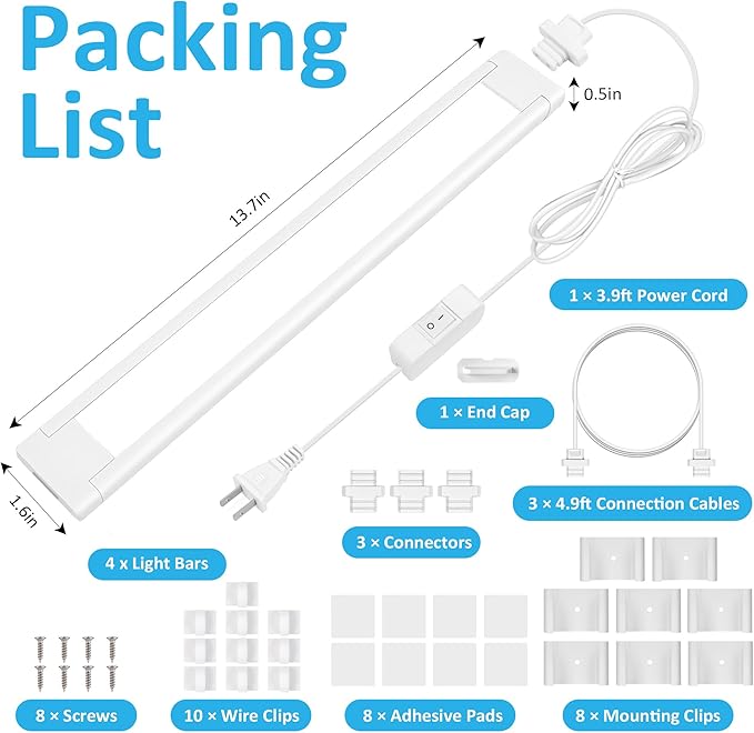 maylit Under Cabinet Lighting Plug in, 4 Pcs 14 Inch Linkable Ultra Bright LED Light Bars, Renter Friendly Lamp, Wired Indoor Lights for Kitchen Cabinet, Counter, Workbench, Desk, Shelf, Cool White