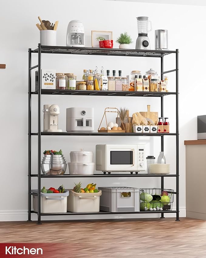 Sakugi Storage Shelves - 5 Tier Shelf Organizer, Heavy Duty Garage Shelving Unit with Leveling Feet, Stable Metal Shelves Organizer for Pantry, Kitchen and Closet, 47.3" W x 12.6" D x 60.8" H, Black