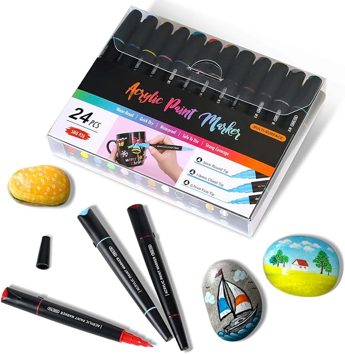 Coogert 24 Colors Three Tips Acrylic Paint Markers, Fine Medium Chisel Tip Acrylic Paint Pens for Rock Painting, Wood, Canvas, Ceramic, Fabric, Arts and Crafts for Adults