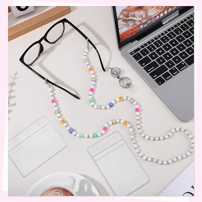 Teacher Lanyard with ID Holder Cute Flower Wooden Beaded Lanyards for ID Badge Holders Retractable Badge Reel Keys Eyeglass Chains