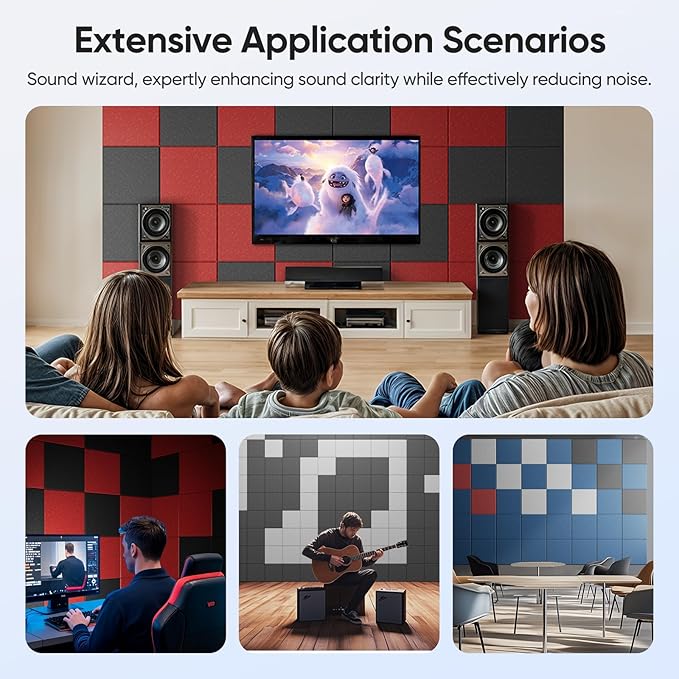 UNECHO 12 Pack 12" X 12" X 0.4" Acoustic Panels for Wall Sound Absorbing, Square Self-Adhesive Sound Panels, High Density Suitable for Multiple Scenarios(Black)
