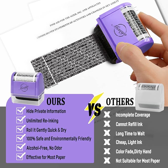 Miseyo Wide Identity Theft Protection Roller Stamp Set - Purple (3 Refill Ink Included)