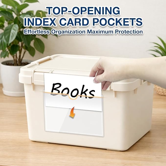 H4D 48 Pack Labels for Storage Bins, 3" x 5" Plastic Clear Adhesive Index Card Holders, Tote Label Pockets for Organizing Storage, Library Card, Shelves
