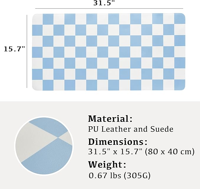 Ohocut Checkered Desk Mat, 31.5" x 15.7" Large Cute Sky Blue Aesthetic Retro Accessories, PU Leather Computer Laptop Desk Mat Mouse Keyboard Pad, Desk Writing Makeup Mat for Vanity/Work/Home Decor