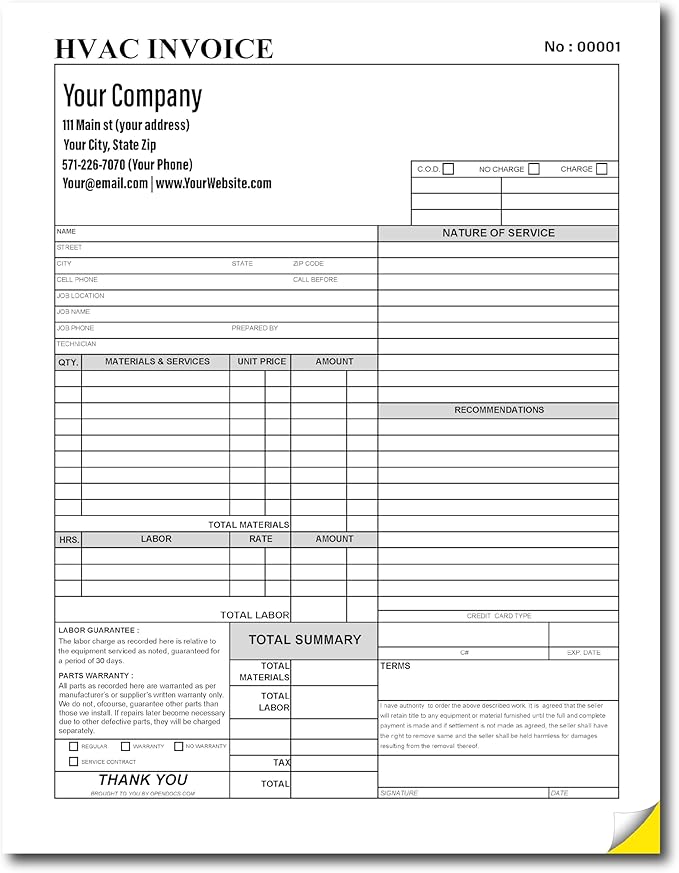 HVAC Work Order Invoice Custom Printed with Your Company Information – Heating & Airconditioning AC Service Repair Agreement – 2 Part NCR Form