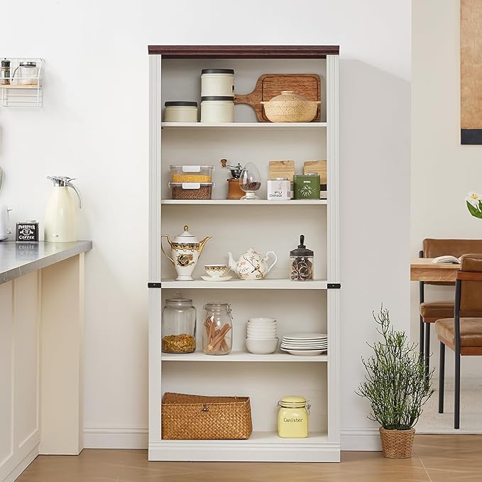 RWYHG 70" White Tall Bookshelf Set of 2,5-Tier Thick Wooden Book Shelf with Adjustable Shelves,Free Standing Farmhouse Bookcase with Open Display Storage,Floor Vintage Bookshelves for Living Room