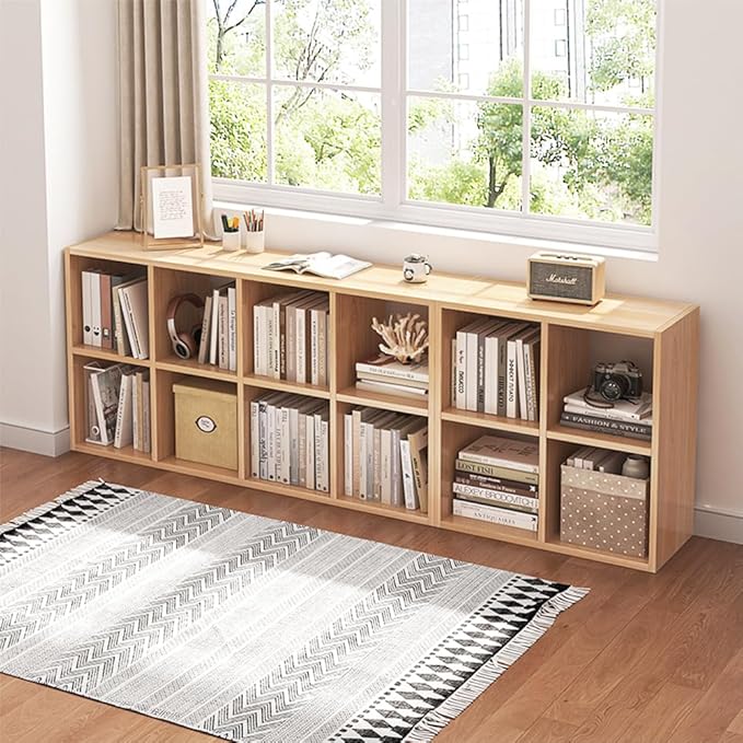 NELYE 8 Cube Organizer Bookcase - Fabric Storage Bins Container, Open Shelf Simple Compartments Bookshelf, Oak
