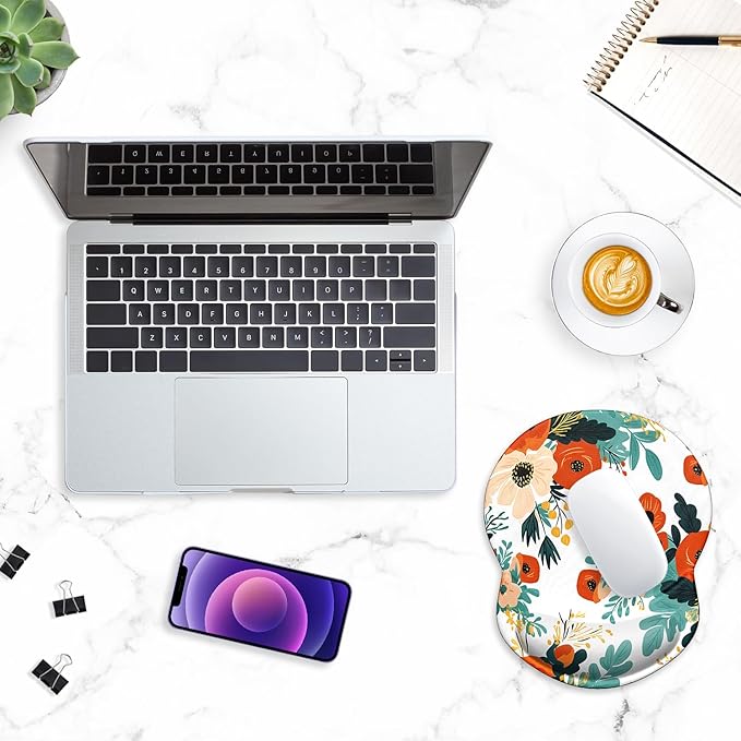 ITNRSIIET Ergonomic Mouse Pad with Gel Wrist Support Small Wrist Rest Smooth Surface Non-Slip PU Base Comfortable Office Supplies Pain Relief, 8.7 x 7.2 inches, Beautiful Flowers