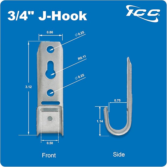 ICC 3/4-Inch Wall Mount J-Hook – 25-Pack, Cable Support Hooks Without Retainer Clips, Galvanized Steel with Zinc Finish – for Structured Cabling and Cable Management