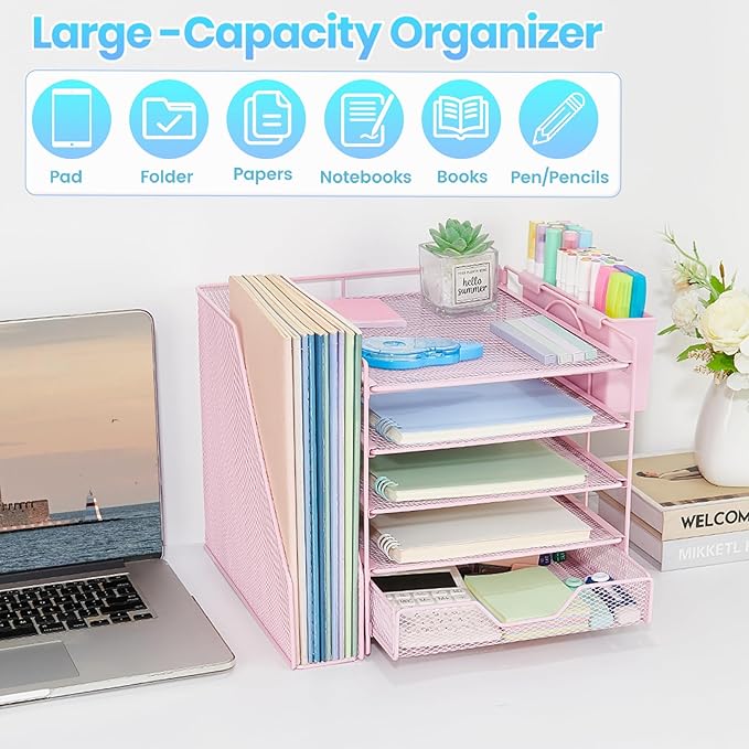 Gugsey Desk Organizer, 5-Tier Paper Letter Tray Organizer with File Holder, Drawer and Pen Holder, Desktop Organizer for Office Supplies, Pink