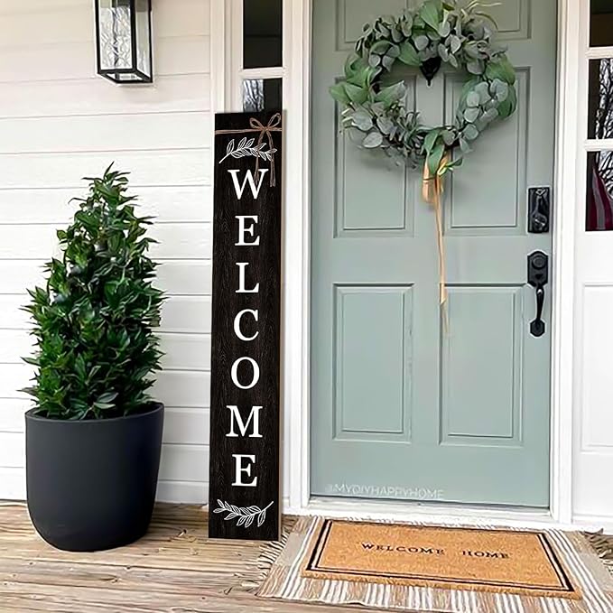 Welcome Porch Sign Decor Wooden Hanging Sign Door Porch Standing Decorative Signs Plaques for Front Door Farmhouse Outdoor Indoor Welcome Sign 47.2"H(black)