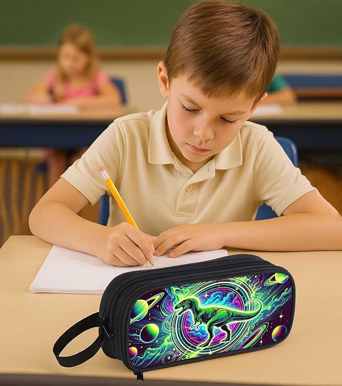 AnySmic Dinosaur Pencil Case for Boys and Girls, Dino Pencil Pouch for Kids, Big Capacity Pen Case Gifts for Child at Elementary School, Double Zipper Pen Bag Organizer with 2 Compartments