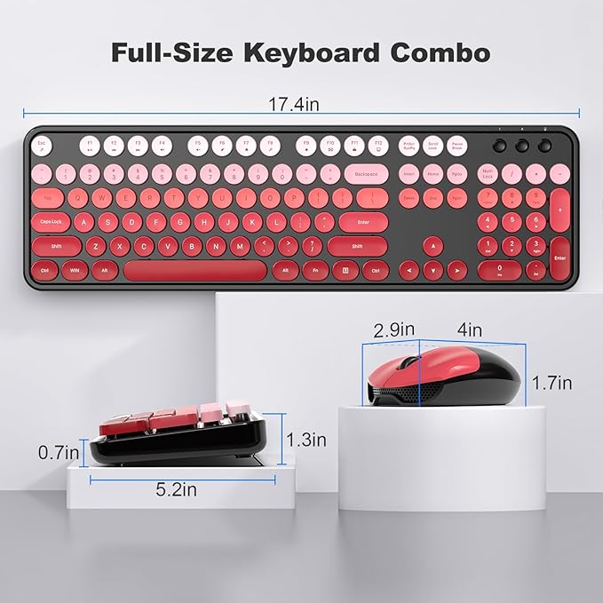 MOFII Wireless Keyboard and Mouse Combo, Full Size 2.4G Plug and Play Typewriter Retro Round Computer Keyboard and Mouse Set for Windows, Computer, Desktop, PC, Notebook - (Black Red Gradient)