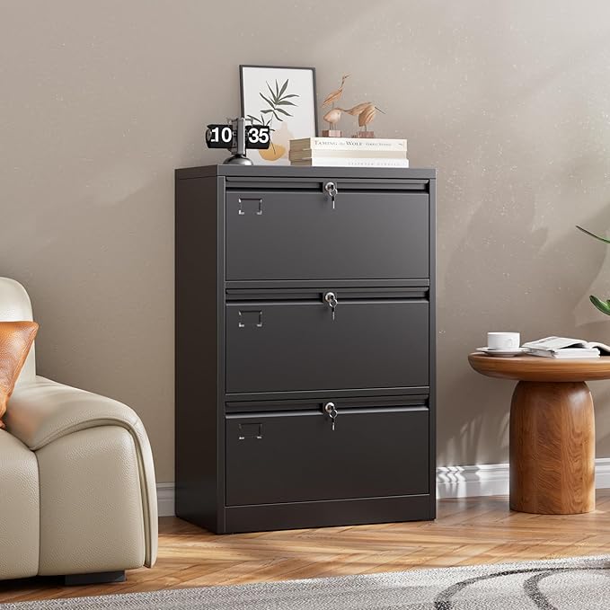 SUXXAN 3 Drawer File Cabinet, Lateral Filing Cabinet with 3 Locks for Home Office, Black File Cabinets with Business Card Holder for Letter/Legal/F4/A4 Hanging Files