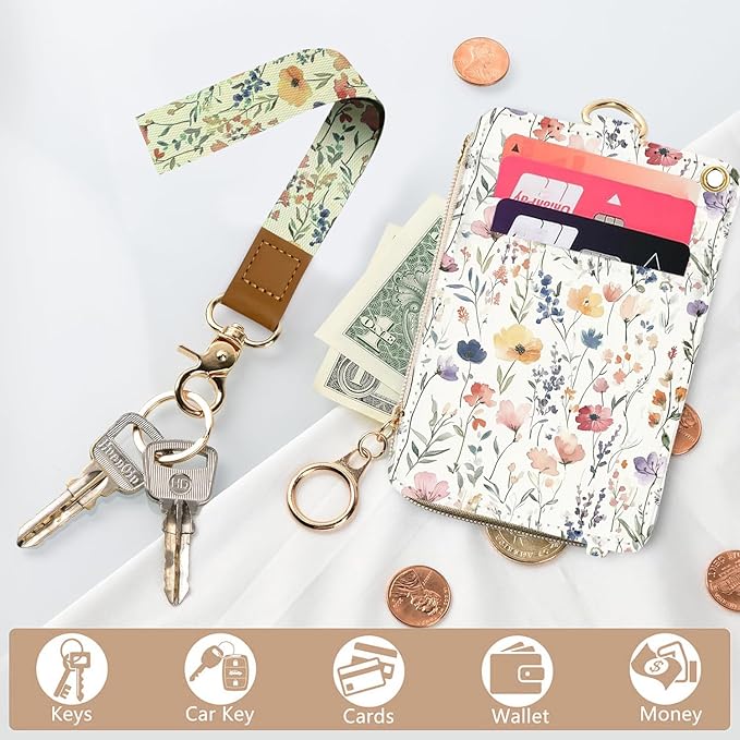 bolimoss 2-in-1 ID Badge Holder & Lanyard Wallet, Cute Florals Leather ID Badge Wallet for Teacher, 5 Card Slots Side Zipper Pocket Detachable Neck Wrist Lanyard for Key (Watercolor Flower)
